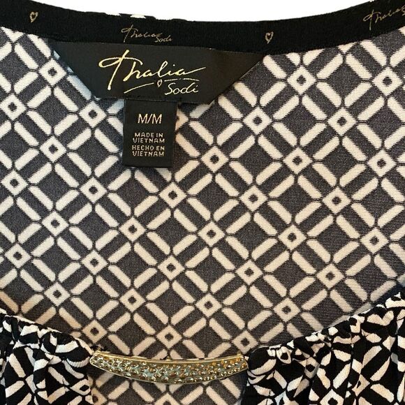 Thalia Sodi Sz M Black White Faux Wrap Gold Metal Accent Cocktail Dress - Picture 4 of 7